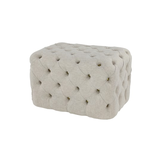 Beige Wood and Linen Vintage Ottoman, 19" x 28" x 19"
